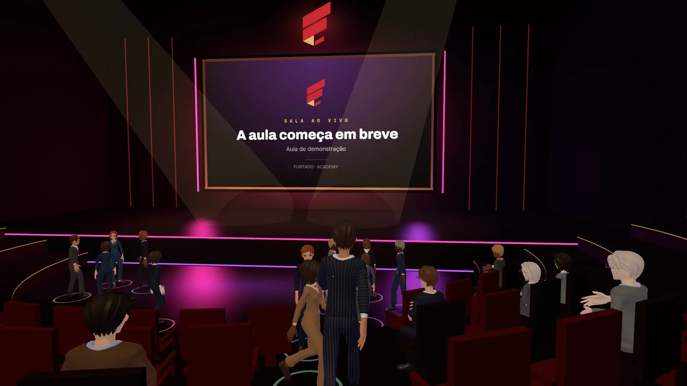 Alunos andando entre as fileiras do auditório, perto do palco